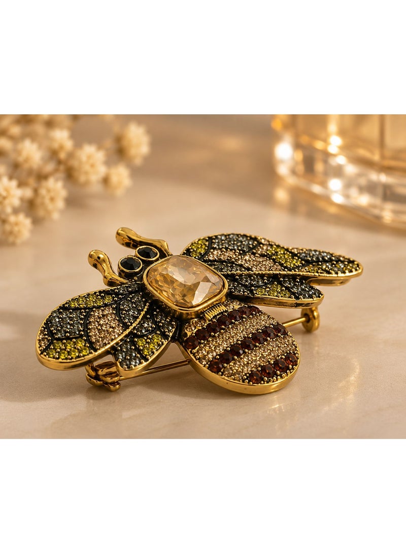 Gold Tone Stainless Steel Bee Brooch for Women, Amber Color Crystal Center with Sparkling Zircon Stones, Elegant Insect Lapel Pin Fashion Jewelry - Image 3