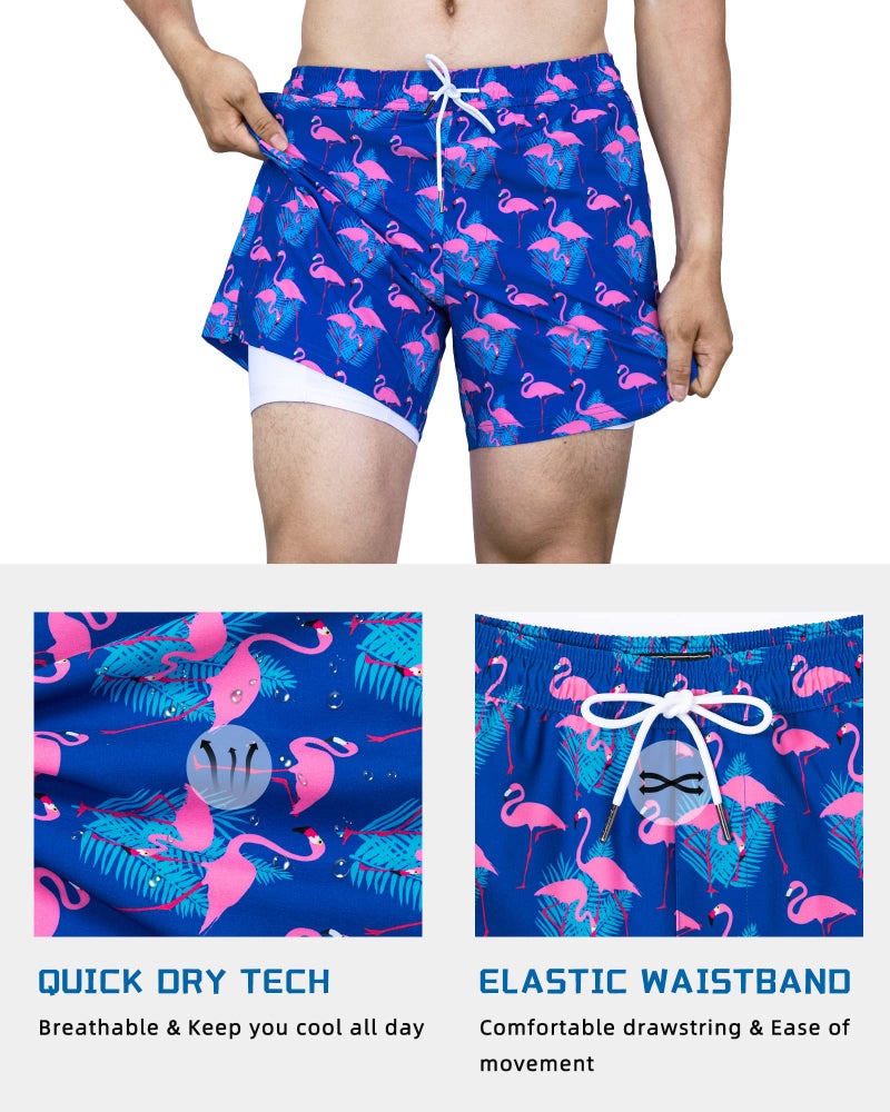 SURF CUZ Mens Swim Trunks with Compression Liner Mens Swimming Trunks 5 Inch Bathing Suit with Zipper Pockets Quick Dry Swim Shorts Navy Flamingo Large - Image 3