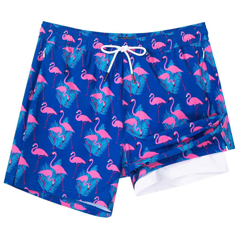 SURF CUZ Mens Swim Trunks with Compression Liner Mens Swimming Trunks 5 Inch Bathing Suit with Zipper Pockets Quick Dry Swim Shorts Navy Flamingo Large - Image 1