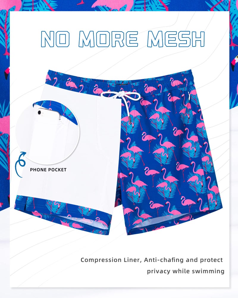 SURF CUZ Mens Swim Trunks with Compression Liner Mens Swimming Trunks 5 Inch Bathing Suit with Zipper Pockets Quick Dry Swim Shorts Navy Flamingo Large - Image 2