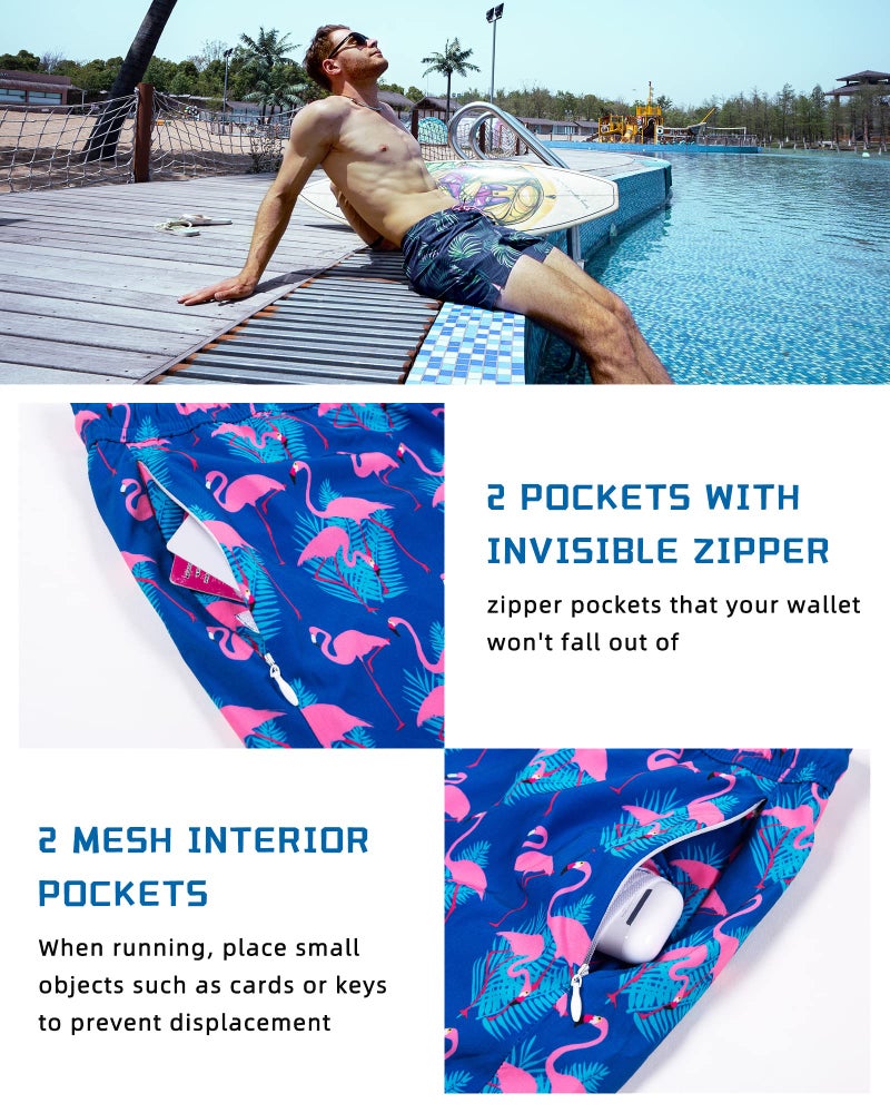 SURF CUZ Mens Swim Trunks with Compression Liner Mens Swimming Trunks 5 Inch Bathing Suit with Zipper Pockets Quick Dry Swim Shorts Navy Flamingo Large - Image 4