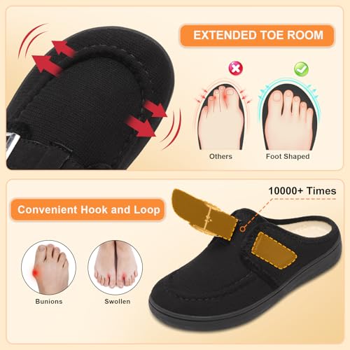 JOINFREE Womens Wide Slippers Cozy Adjustable House Mules Warm Memory Foam Indoor Outdoor Slip On Bedroom Shoes Edema Swollen Diabetic Slippers Black Size 8 - Image 4