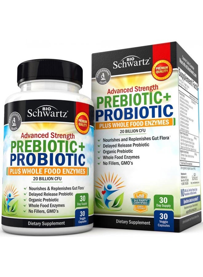 BioSchwartz Prebiotics and Probiotics with Whole Food Enzymes for Adults Women & Men - Probiotics Lactobacillus Acidophilus - Digestive Health Capsules Shelf Stable Supplement - Non-GMO Gluten & Dairy Free -30ct - Image 1