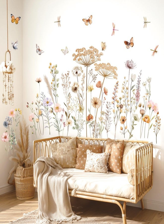 DECOWALL SG2-2513 Boho Wild Flower Wall Decals Botanical Peel and Stick Removable Stickers with Butterflies and Dragonflies for Living Room Bedroom Nursery Playroom Home Decoration Art Mural - Image 1