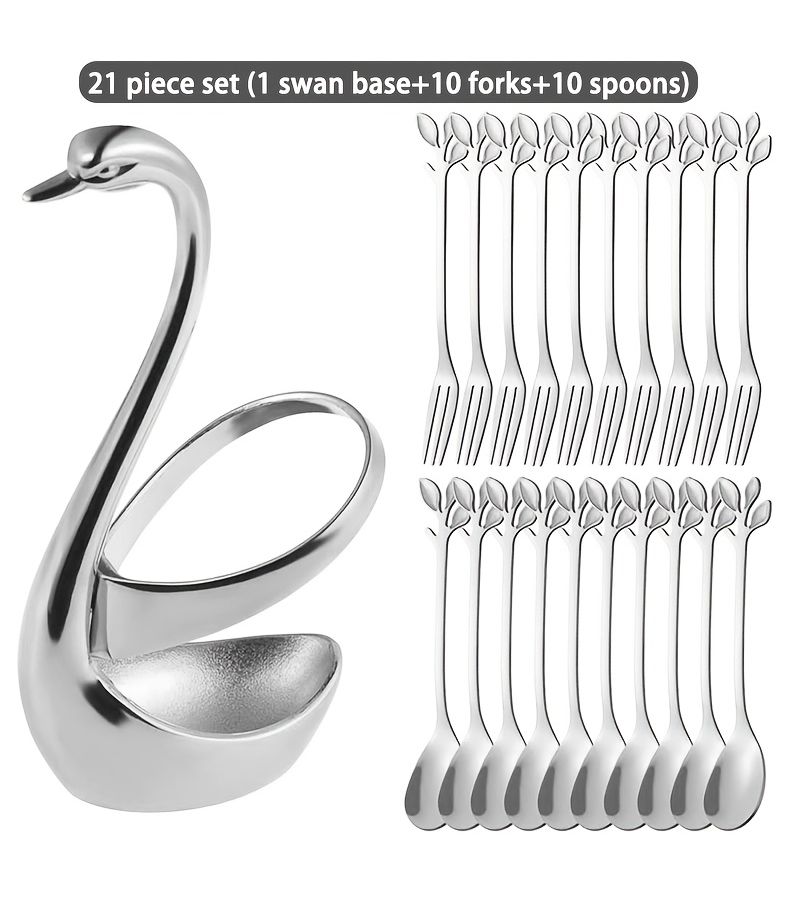 21 Pcs 304 Stainless Steel Golden Swan Shaped Coffee Spoons And Dessert Forks Cutlery Set - Image 1
