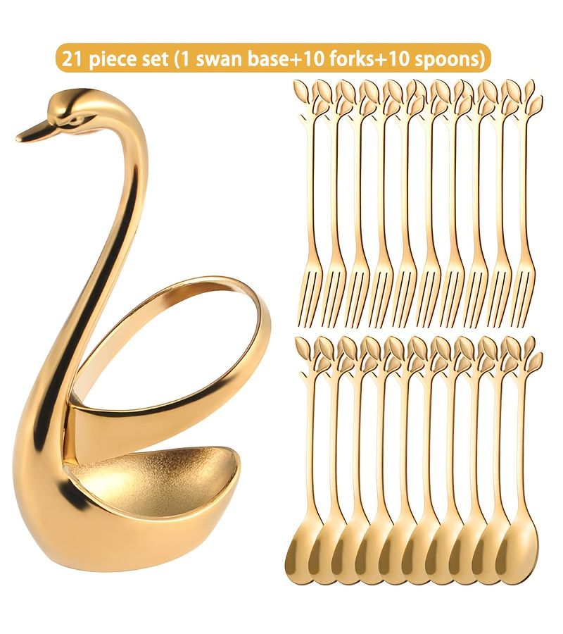 21 Pcs 304 Stainless Steel Golden Swan Shaped Coffee Spoons And Dessert Forks Cutlery Set - Image 5