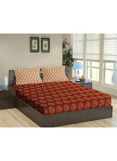 Trance Home Linen 100% Cotton King Size Bedsheet for Double Bed, 1 Cotton Bed Sheet Double Bed (108x108 Inches) with 2 Pillow Covers | 200 TC Bed Sheet Double Bed (9x9 Feet | Damask & Dori - Clay Red)