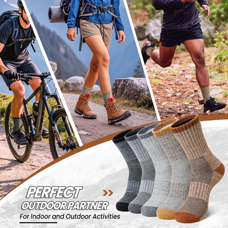 Eocom Merino Wool Hiking Socks for Men & Women Thermal Winter Warm Work Cushion Outdoor Crew Boot Socks 5 Pairs(Grey/Black/Brown, Medium) - Image 2