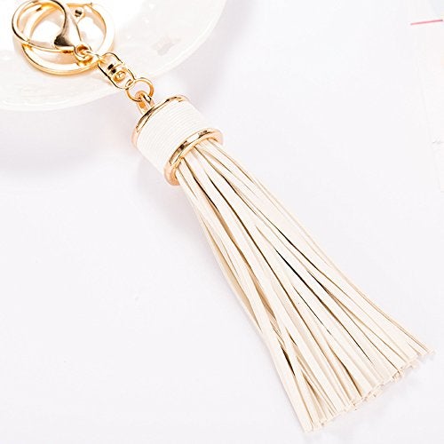 ZOONAI Women Leather Tassels Keychain Car Circle Key Rings Gift Bag Hanging Buckle (White) - Image 2