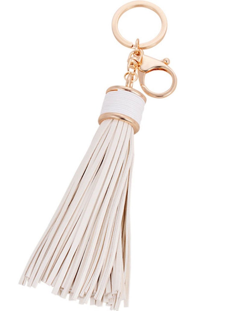 ZOONAI Women Leather Tassels Keychain Car Circle Key Rings Gift Bag Hanging Buckle (White) - Image 1