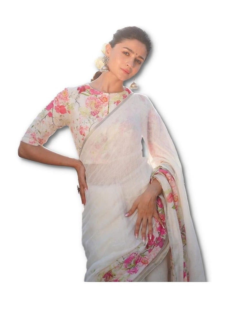 Accessorize Kingdom Women's Digital Floral Printed Pure Cotton Linen Saree With Unstitched Blouse Piece  - Image 1