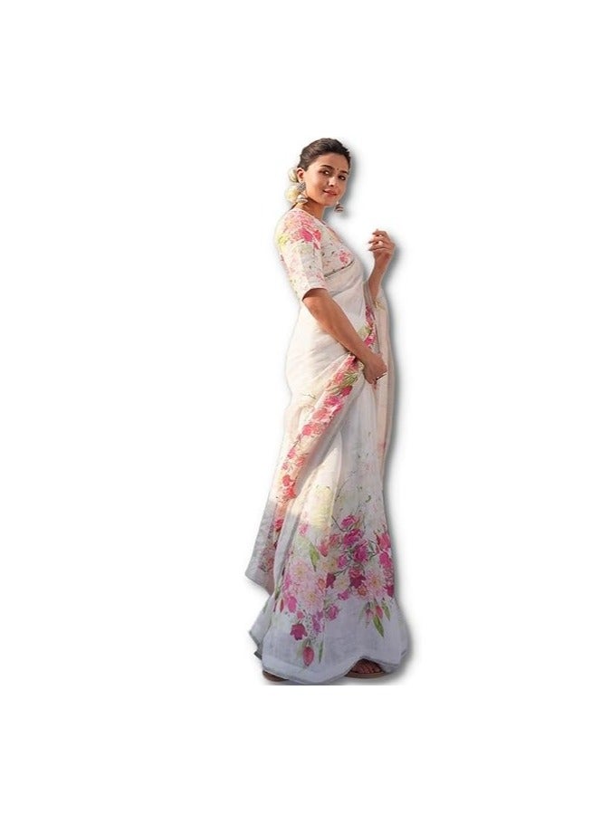 Accessorize Kingdom Women's Digital Floral Printed Pure Cotton Linen Saree With Unstitched Blouse Piece  - Image 2