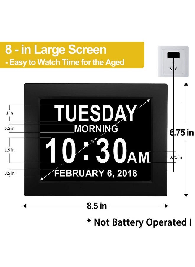 JALL 【New 2024】 Digital Calendar Alarm Day Clock - with 8" Large Screen Display, am pm, Multiple Alarms, for Impaired Vision People, The Aged Seniors, The Dementia, for Desk, Wall Mounted, Black
