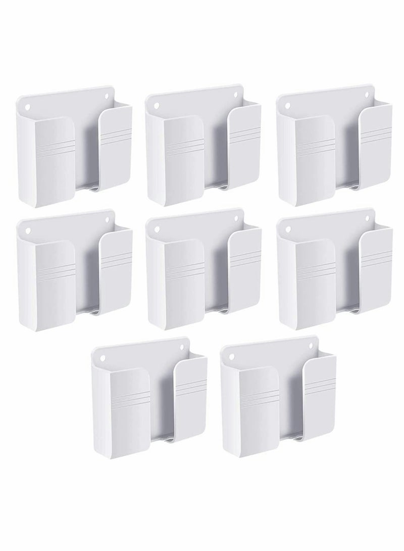SOLARAE 8 Pieces Wall Mount Phone Holder, Adhesive Remote Control Storage Box Wall Mount Charging Phone Stand Holder Adhesive Non Slip Media Organizer Storage Box for Bedroom Kitchen Bathroom (White) - Image 1