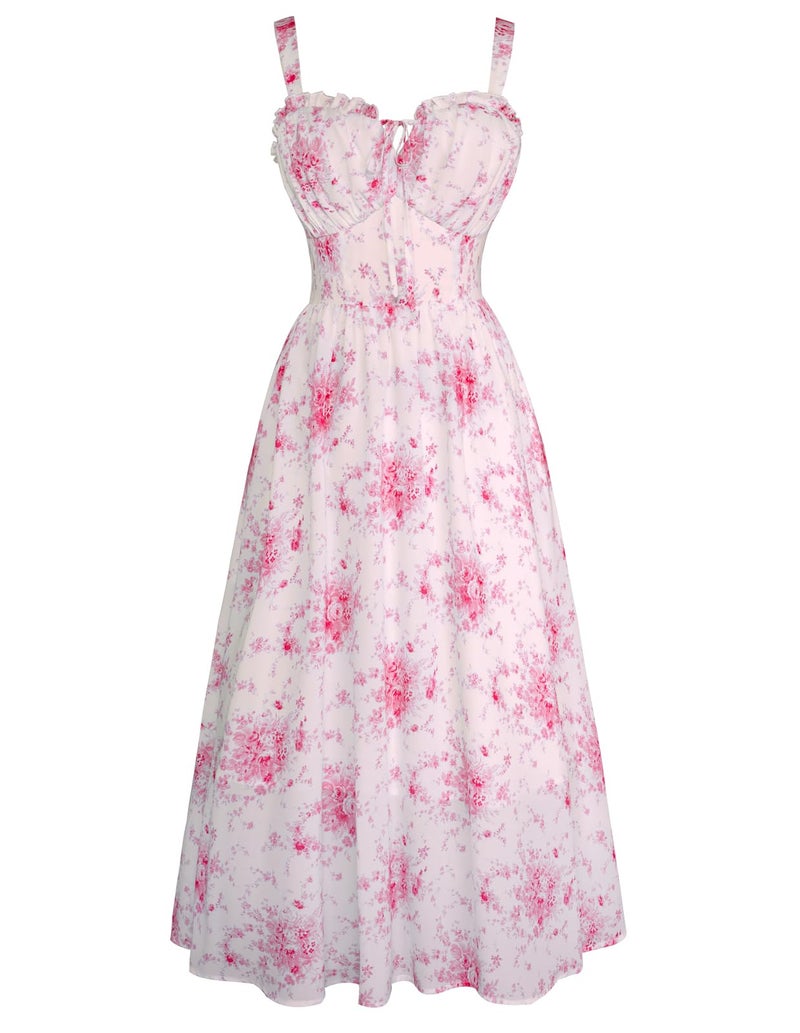 Summer Corset Sundress Floral Chiffon Dresses for Women Milkmaid Cottagecore Dress with Pocket Pink M