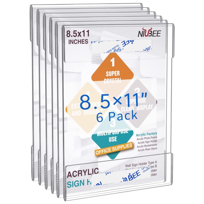 NIUBEE 8.5x11 Clear Acrylic Plexi Sign Holders with Double Sided Adhesive Tape, Wall Sign Memo Document Menu Holder for Office, Home, Store, Restaurant-No Drilling (6 Pack) - Image 1