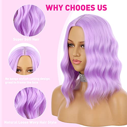 eNilecor Purple Wig, Short Colored Wigs Bob Wig for Women, Natural Wavy Colorful 14 Inch Middle Part Synthetic Wig for Cosplay Party Costume（lavender Purple） - Image 3