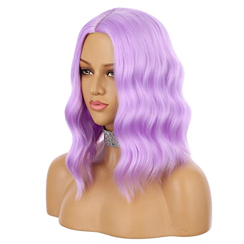 eNilecor Purple Wig, Short Colored Wigs Bob Wig for Women, Natural Wavy Colorful 14 Inch Middle Part Synthetic Wig for Cosplay Party Costume（lavender Purple） - Image 2