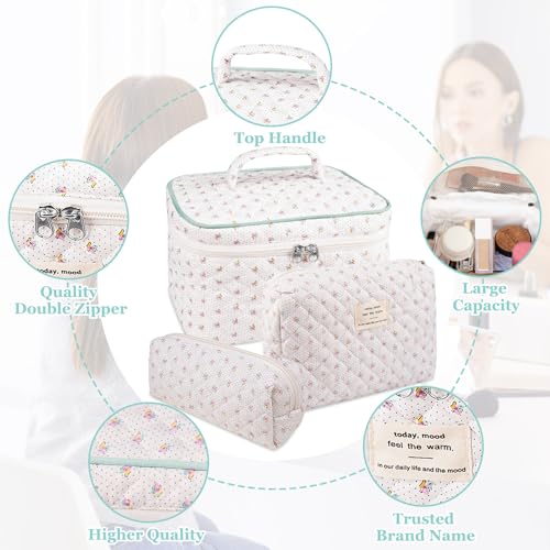 Gosect حقيبة مكياج قطنية مزخرفة من جوسكت، حقيبة تجميل كبيرة مزهرة للنساء، حقيبة مكياج قطنية لطيفة، حقيبة تنظيم مستلزمات السفر (زهور) - Image 3