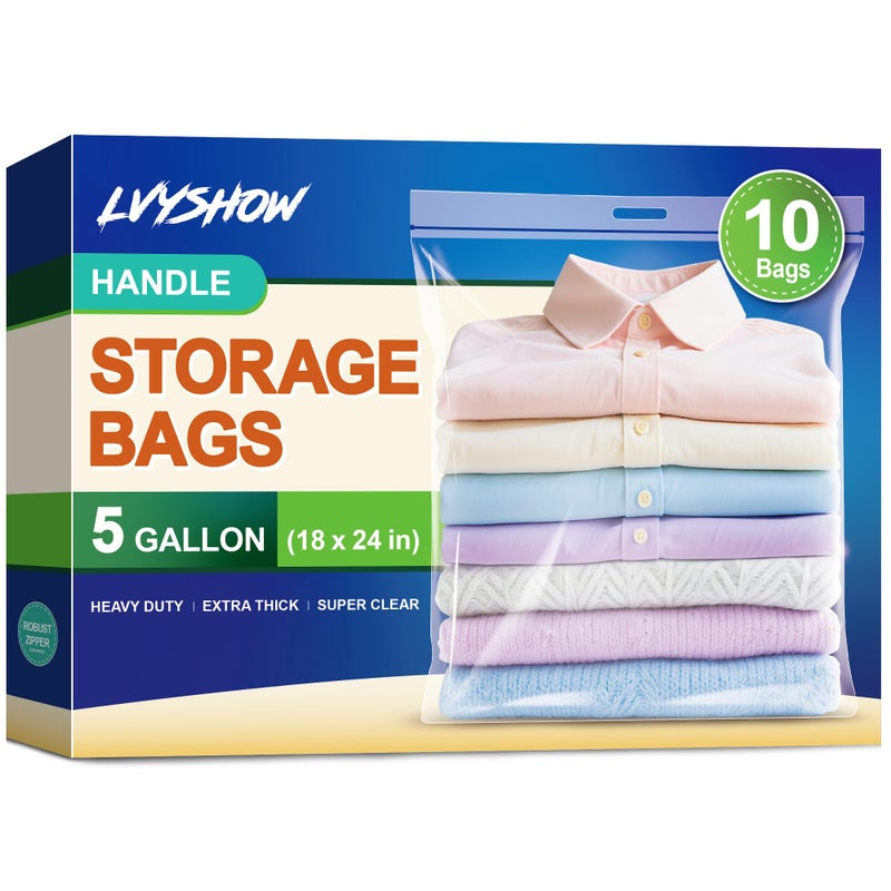 LVYSHOW 5 Gallon Extra Large Zipper Bag, 18â€ x 24â€ Clear Plastic Storage Bag with Handle for Clothes, Moving, Travel, 2mil Thick, 10pcs - Image 1