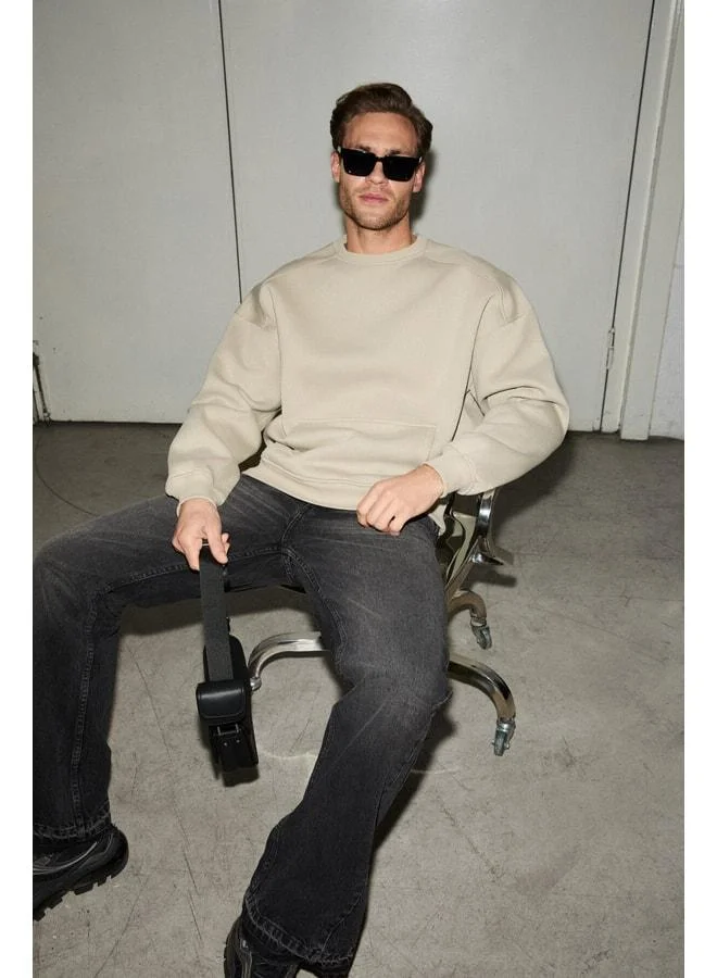 GRIMELANGE COYOTES Men's crew neck kangaroo pocket organic cotton regular fit light khaki sweatshirt.