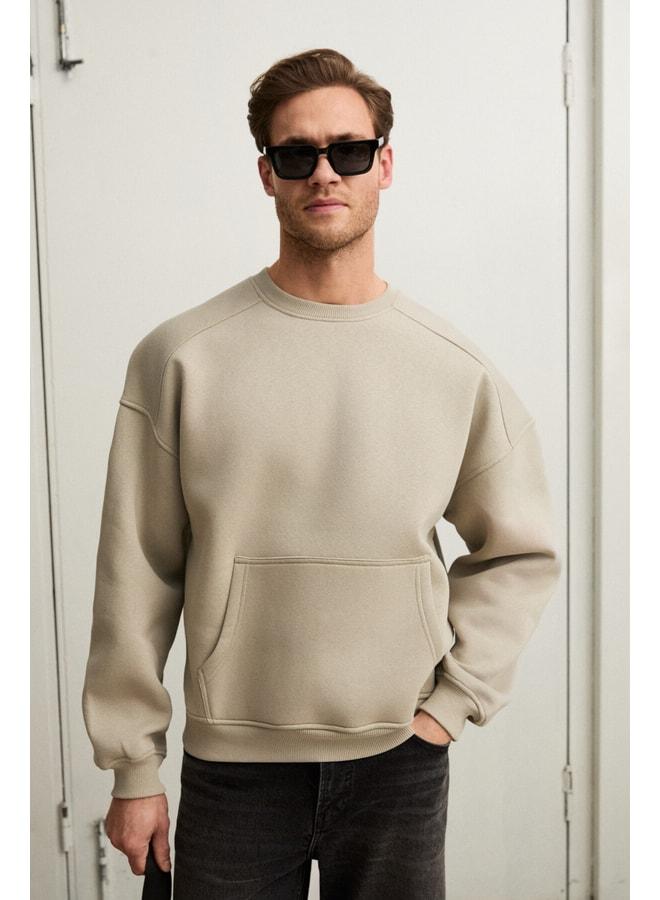 GRIMELANGE COYOTES Men's crew neck kangaroo pocket organic cotton regular fit light khaki sweatshirt. - Image 1