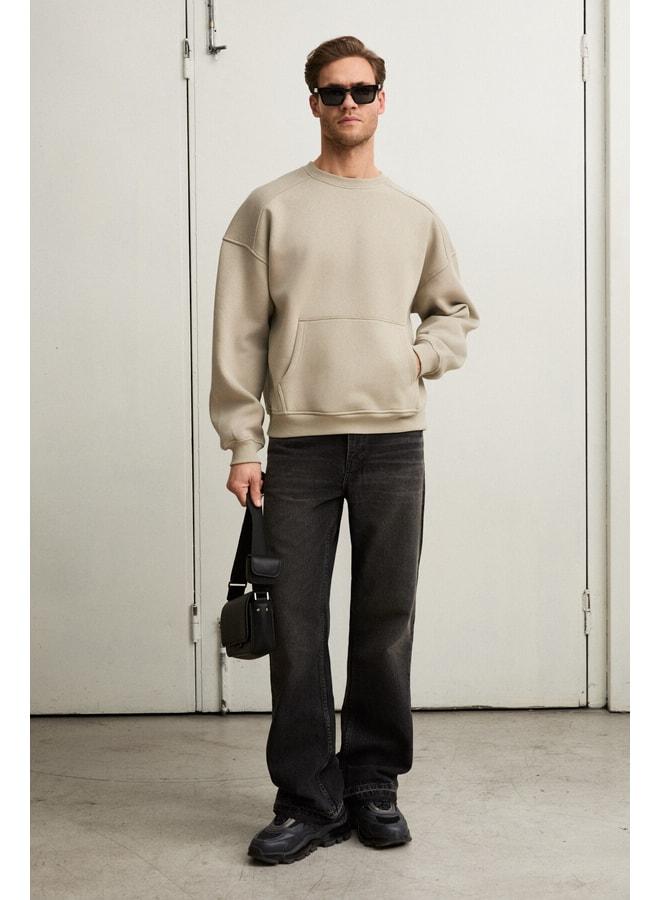 GRIMELANGE COYOTES Men's crew neck kangaroo pocket organic cotton regular fit light khaki sweatshirt. - Image 3