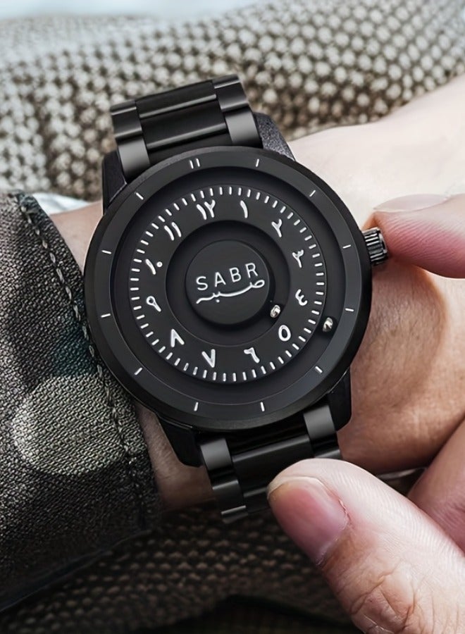 general ساعة صبر العربية، ساعة كوارتز مع قرص أرقام عربية، تصميم كرات الرفع المغناطيسي، حزام من الفولاذ المقاوم للصدأ 304 - هدية مثالية لعشاق الساعات الإسلامية - أسود - Image 3