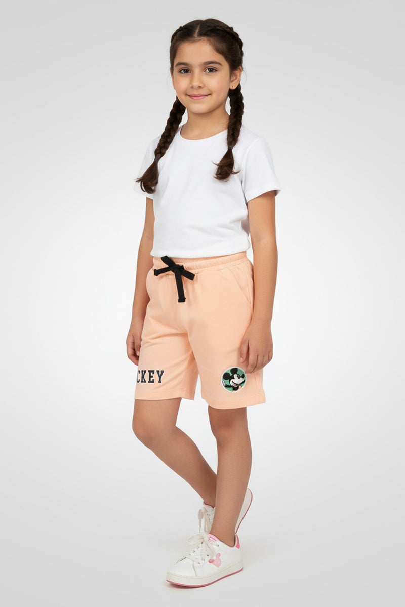 Disney x Mickey And Friends Kids Girl Embroidered Logo Shorts, Peach - Image 1