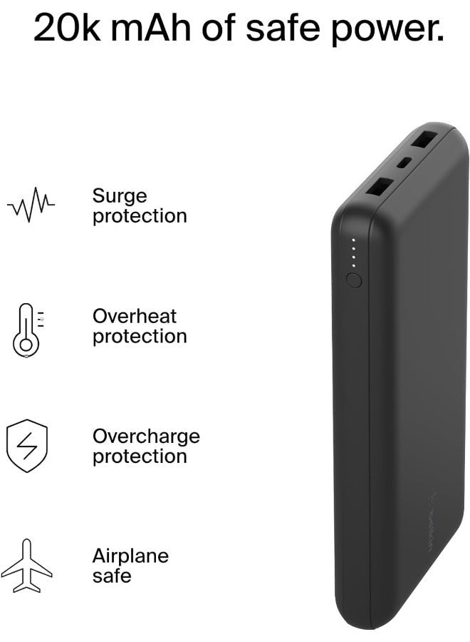 بيلكين شاحن محمول BoostCharge USB-C، بقدرة 20000 من Belkin مع منفذ USB-C ومنفذي USB-A وكابل USB-C إلى USB-A لـهواتف iPhone 15 و15 Plus و15 Pro و15 Pro Max وSamsung Galaxy S24 والمزيد، باللون الأسود. أسود - Image 4