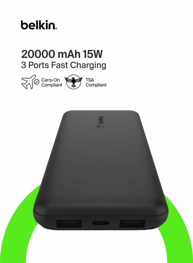 بيلكين شاحن محمول BoostCharge USB-C، بقدرة 20000 من Belkin مع منفذ USB-C ومنفذي USB-A وكابل USB-C إلى USB-A لـهواتف iPhone 15 و15 Plus و15 Pro و15 Pro Max وSamsung Galaxy S24 والمزيد، باللون الأسود. أسود - Image 1