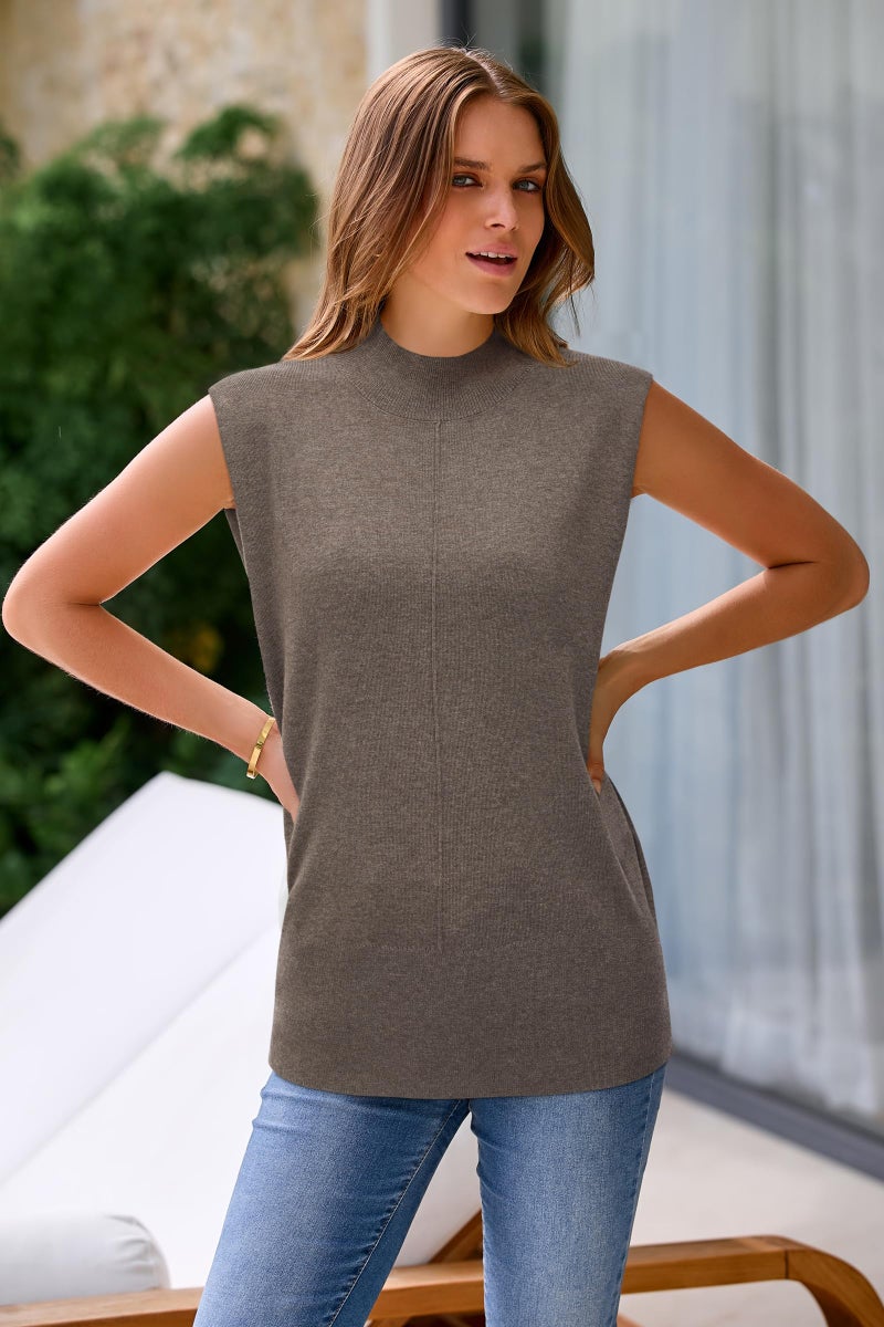 Arach&Cloz Womens Spring Winter 2026 Sweater Vest Business Casual Outfits Work Tank Tops Mock Neck Sleeveless Turtleneck Cashmere Easter Dressy Clothes Coffee - Image 3
