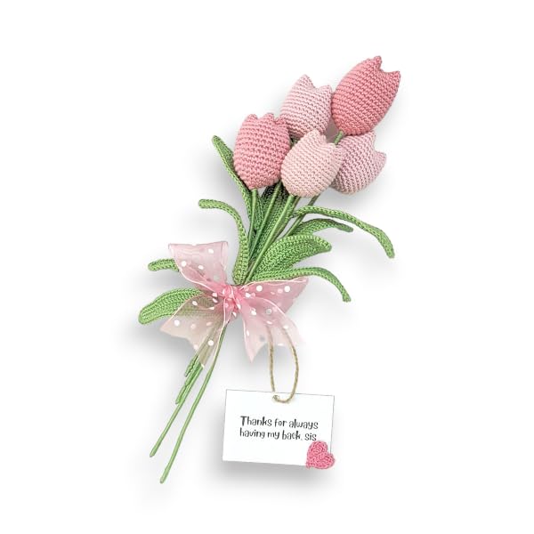 Happy ThreadsHandmade Crochet Pink Tulips Flower BouquetEcoFriendly Elegant Floral Arrangements for SistersBest Decorative Gifting Items for Home and Office - Image 1