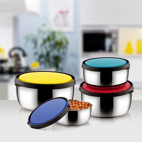 CLASSIC ESSENTIALS kiwi Stainless Steel Food Storage Container with Multi Color Lid, Serve & Store | Spill Free | Food Grade | Multipurpose Use | Air Tight | Leak Proof, Multicolor, Set of 4 - Image 4