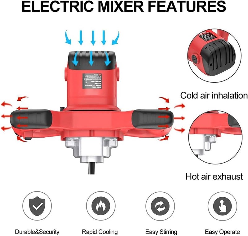 Cement Mixer 2100W Electric Handheld Cement Mixer 2Pcs Mixing Heads Included Portable Mortar Mixer With 6 Adjustable Speed Mud Mixer For Mixing Plaster Cement Paint Fodder - Image 4