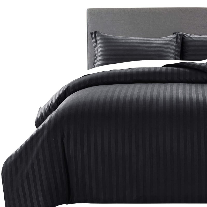 MOONLIGHT20015 Double Duvet Set Reversible Stripes Satin Double Bedding Set with 2 Pillowcases Soft Hypoallergenic Duvet Cover Black 200x200 CM