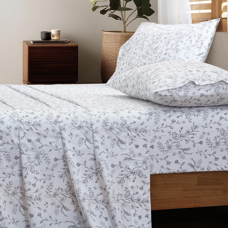 HYPREST 100% Cotton Sheets King Floral Patterned - White and Black King Sheets Deep Pocket Crispy Percale Bed Sheets Soft Breathable Durable - Image 1