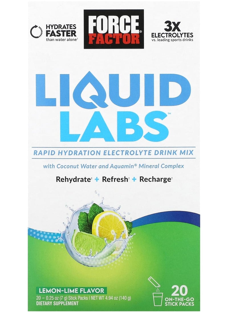 Force Factor Liquid Labs Rapid Hydration Electrolyte Drink Mix Lemon-Lime 20 Stick Packs 0.25 oz (7 g) Each