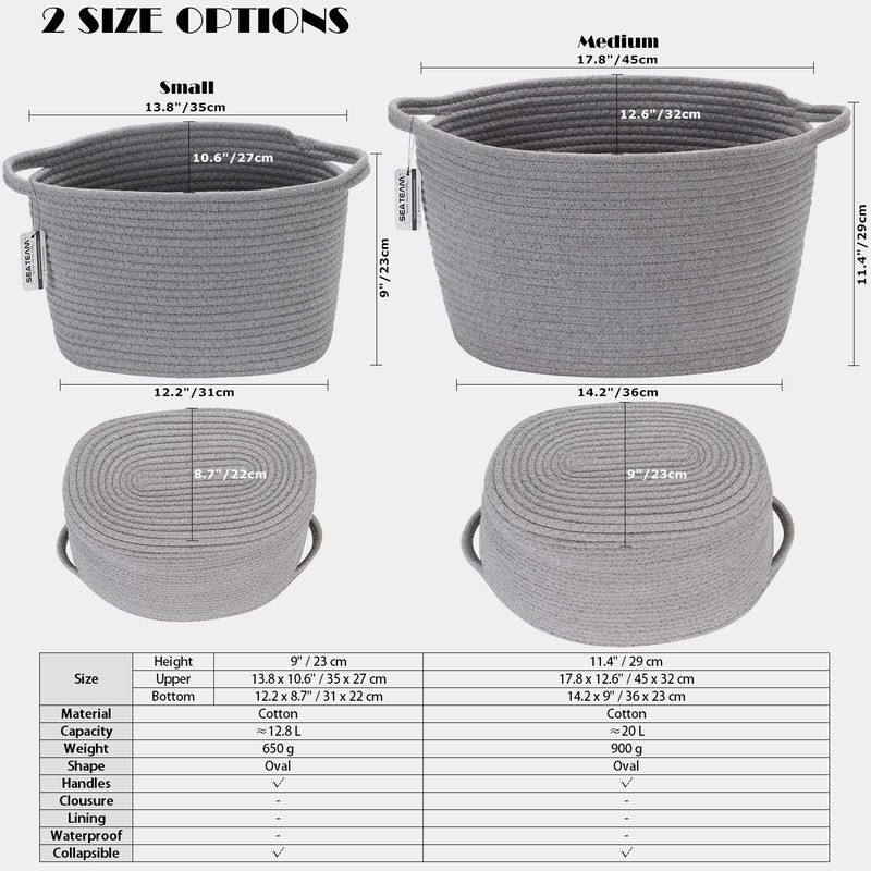 Sea Team Oval Cotton Rope Woven Storage Basket with Handles, Diaper Caddy, Nursery Nappies Organizer, Baby Shower Basket for Kid's Room, 12.2 x 8 x 9 Inches (Small Size, Grey) - Image 4