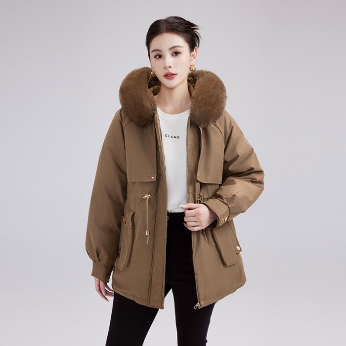 Parker Clothing Womens Winter New fleece-lined Cotton-padded Coat Small Waist Thickened Warm Big Wool Collar Coat Thickened Cotton-padded Coat Black  - Image 2