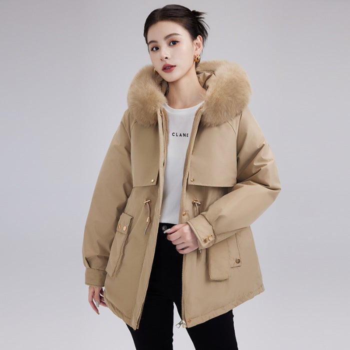 Parker Clothing Womens Winter New fleece-lined Cotton-padded Coat Small Waist Thickened Warm Big Wool Collar Coat Thickened Cotton-padded Coat Black  - Image 3