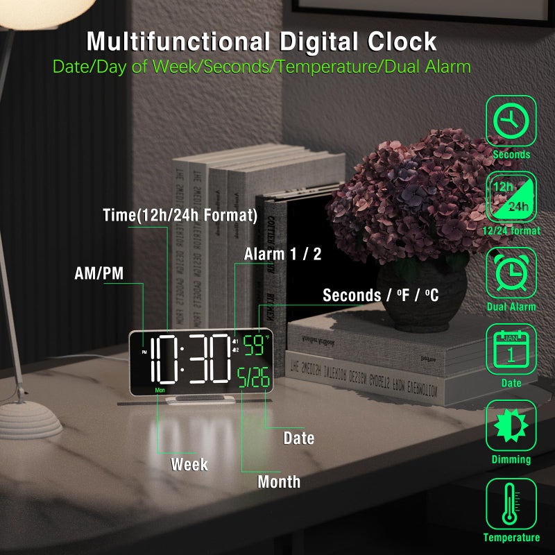 KOSUMOSU Digital Clock for Bedroom, 6.7" Desk Clock LED with Day of Week, Auto Dimming,Indoor Temperature, Clocks for Living Room, Alarm Clocks for Bedrooms - Image 5