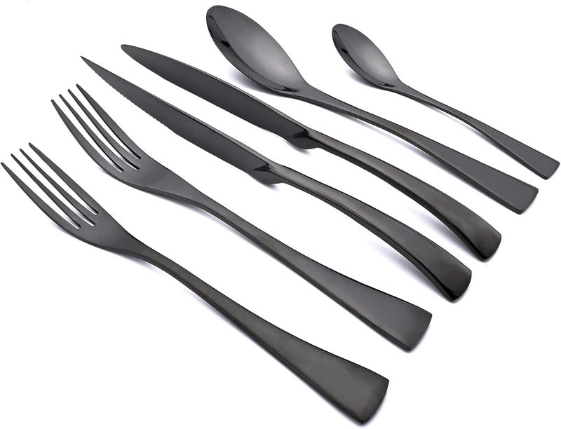 snplowum 24Piece Black Flatware Mirror 1810 Stainless Steel Modern  Luxury Dinnerware Set With Serrated Steak Knife Teaspoon For Daily Use or Dinner Party Restaurant  Service For 4 - Image 1