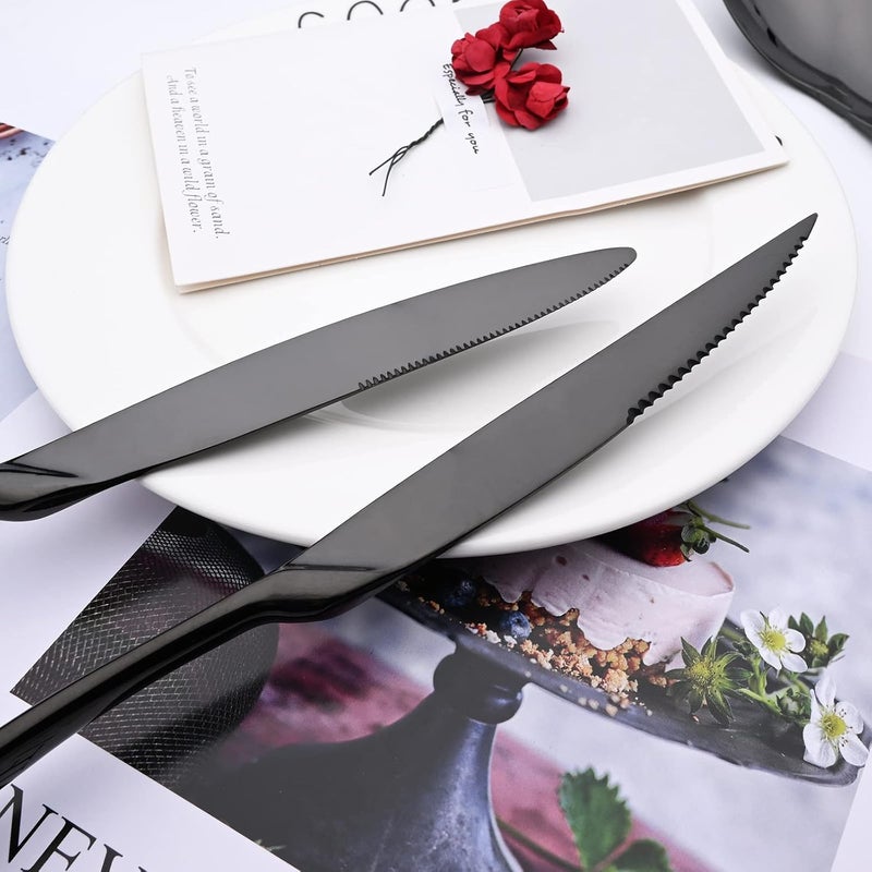 snplowum 24Piece Black Flatware Mirror 1810 Stainless Steel Modern  Luxury Dinnerware Set With Serrated Steak Knife Teaspoon For Daily Use or Dinner Party Restaurant  Service For 4 - Image 3