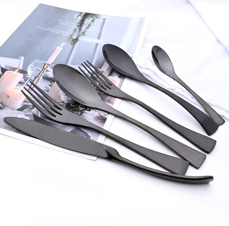 snplowum 24Piece Black Flatware Mirror 1810 Stainless Steel Modern  Luxury Dinnerware Set With Serrated Steak Knife Teaspoon For Daily Use or Dinner Party Restaurant  Service For 4 - Image 2