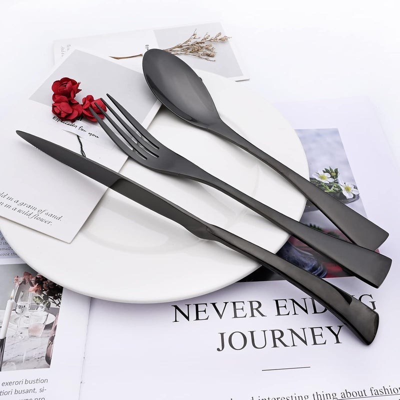 snplowum 24Piece Black Flatware Mirror 1810 Stainless Steel Modern  Luxury Dinnerware Set With Serrated Steak Knife Teaspoon For Daily Use or Dinner Party Restaurant  Service For 4 - Image 5