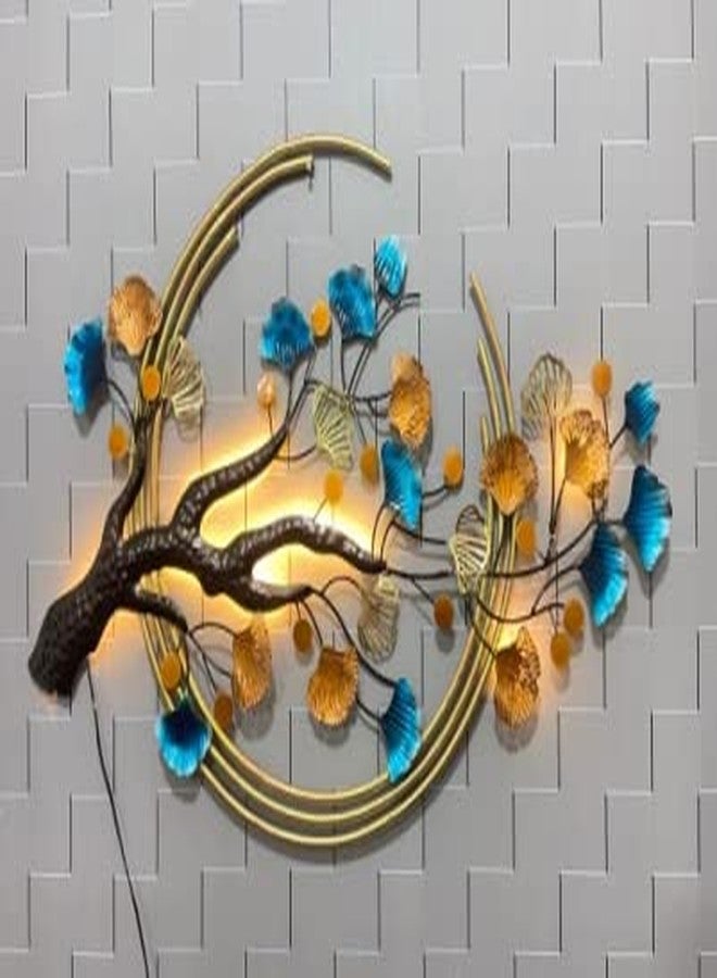 Decornus ديكور جداري معدني من ديكورنوس، قطعة فنية عرقية مصنوعة يدويًا من المعدن، شجرة بثلاث حلقات، جذع معدني، لتزيين جدران غرفة المعيشة، شجرة ذهبية مزينة بإضاءة LED. - Image 1