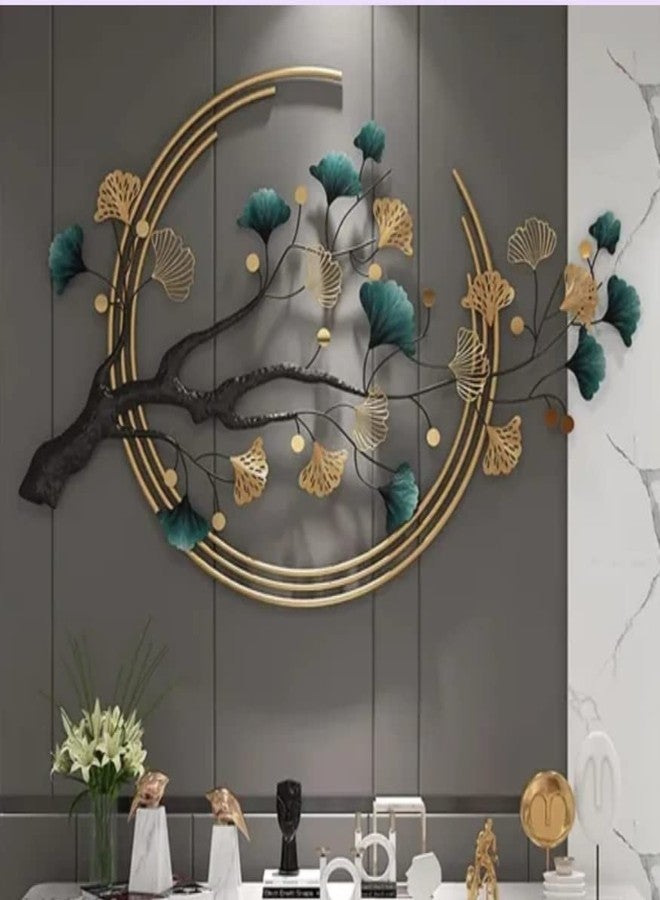 Decornus ديكور جداري معدني من ديكورنوس، قطعة فنية عرقية مصنوعة يدويًا من المعدن، شجرة بثلاث حلقات، جذع معدني، لتزيين جدران غرفة المعيشة، شجرة ذهبية مزينة بإضاءة LED. - Image 3