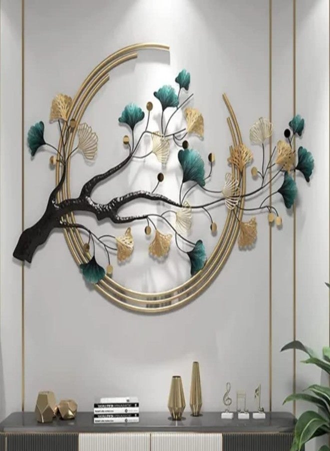 Decornus ديكور جداري معدني من ديكورنوس، قطعة فنية عرقية مصنوعة يدويًا من المعدن، شجرة بثلاث حلقات، جذع معدني، لتزيين جدران غرفة المعيشة، شجرة ذهبية مزينة بإضاءة LED. - Image 2