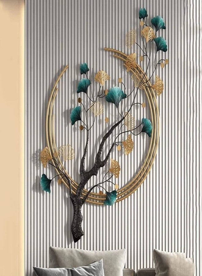 Decornus ديكور جداري معدني من ديكورنوس، قطعة فنية عرقية مصنوعة يدويًا من المعدن، شجرة بثلاث حلقات، جذع معدني، لتزيين جدران غرفة المعيشة، شجرة ذهبية مزينة بإضاءة LED. - Image 5